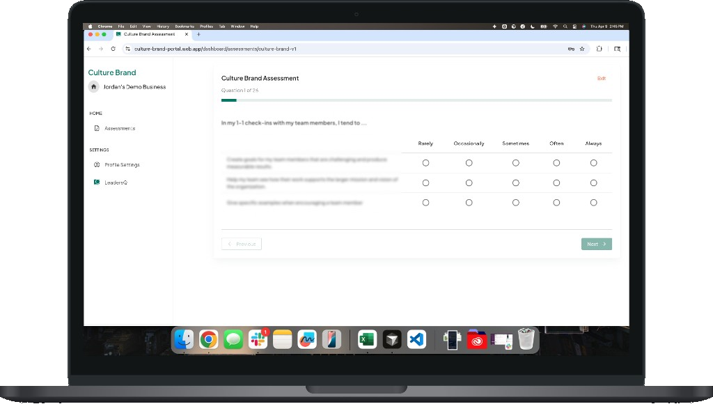 Leaders Q Culture Brand Portal: Culture Brand assessment in the browser on a laptop